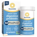 Renew Life Extra Care Digestief Probiotische Capsules, 50 miljard CFU Gegarandeerd, Dagelijks supplement Ondersteunt Immune, Digestief, Respiratoire Gezondheid(1), L. Rhamnosus GG, Zuivel, Soja en Glutenvrije, 90 Tellen