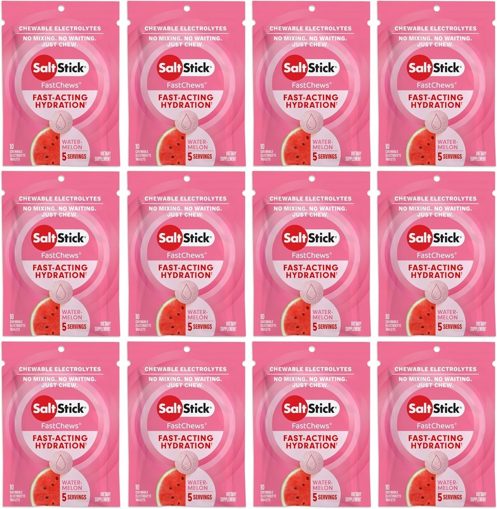 SaltStick Electrolyte FastChews - 120 Graaf Watermeloen smaak - Electrolyte tabletten voor hydratatie, Zout Tabs - 10 Tellen (Pack van 12)