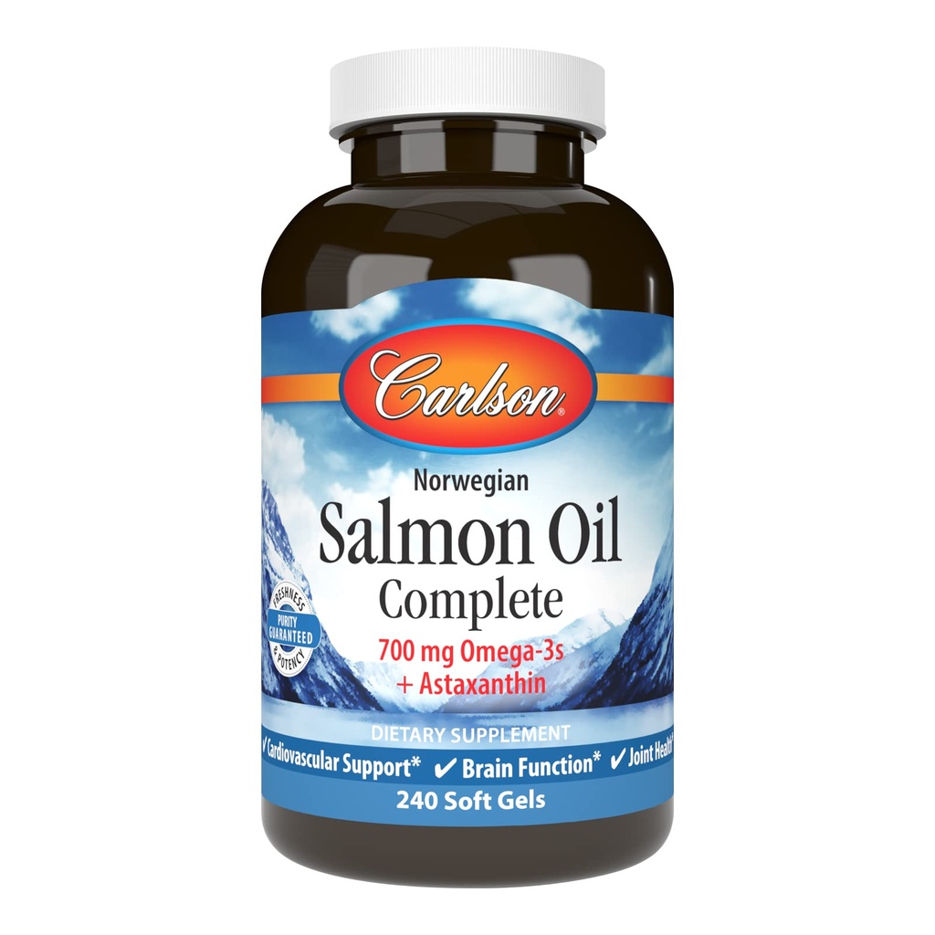 Carlson - Salmon Oil Complete, 700 mg Omega-3s + Astaxanthine, Cardiovasculaire Ondersteuning, Hersenfunctie & Joint Health, Norwegian, 240 Softgels