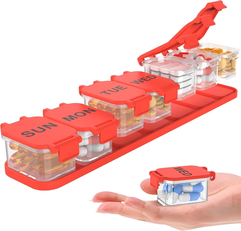 Extra grote week pil Organizer - Waterdichte 7-dagen pil Box, Portable Vitamin & Supplement Case, Gemakkelijk te openen Design, Ideaal voor reizen een en dagelijkse medicatie management (rood)