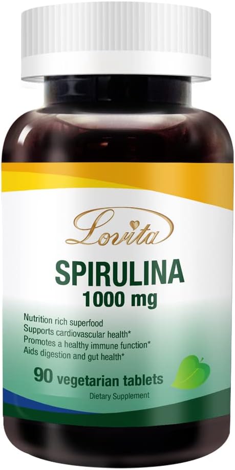 Lovita Organische Spirulina 1000mg per tablet, Natuurlijke Multivitamine Superfood, 100% Vegan Spirulina tabletten, Niet-Ir uitgestraald, 90 Vegetarische tabletten