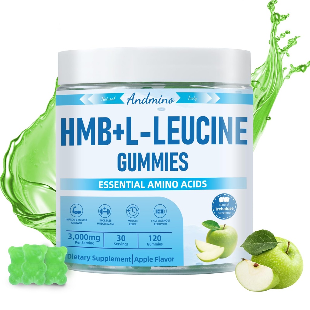 HMB en L-Leucine Gummies, 3000mg, met Trehalose, voor spiergroei, spierverlossing en workout herstel, voor volwassenen & ouderen, niet-GMO, Veganistisch, Glutenvrij, Apple smaak, 120