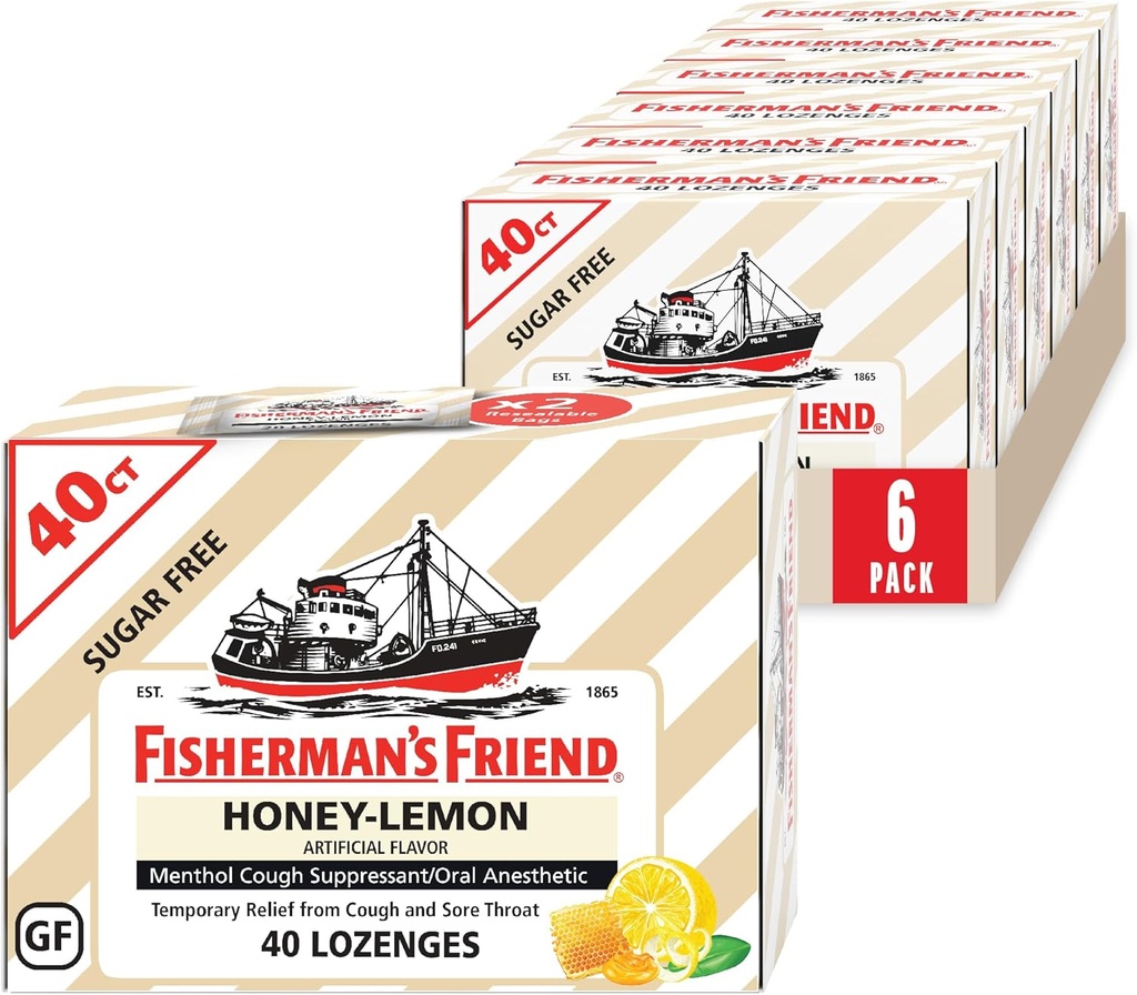 Fisherman's Friend Cough Drops, Cough Suppressant and Sore Throat Lozenges, Sugar Free Honey-Citroen, 5.52mg Menthol, 240 Drops (6 Packs of 40)