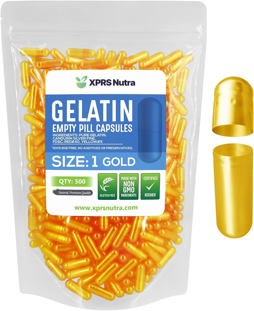 XPRS Nutra Maat 1 Lege capsules - 500 Telle Lege Gelatine Capsules - Pillen DIY Capsule Vulling - Pure Bovine Pill Gel Caps for Do-It-Yourself Supplements (Goud)