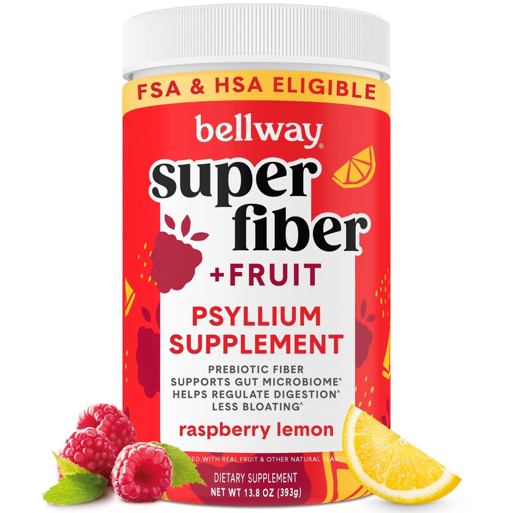 Bellway Super Fiber Powder + Fruit, Suikervrij Biologische Psyllium Husk Powder Fiber Supplement voor Regularity, Bloating Relief & Digestive Health, Plant-Based, Raspberry Lemon (50 Serves)