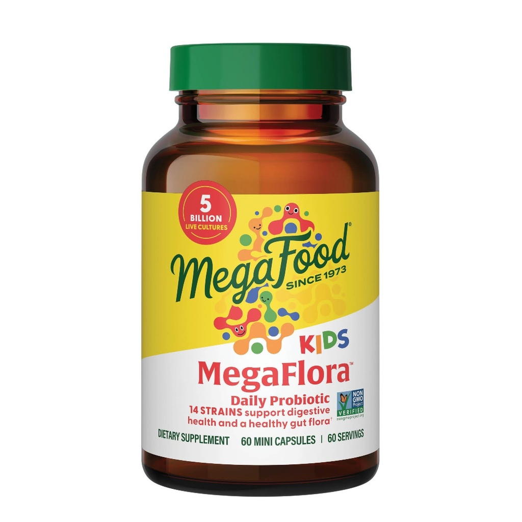 MegaFood MegaFlora Kids Probiotica - 5 Miljard CFUs - Non-GMO, Vegetarisch, Made Without 9 Food Allergenen, Probiotica voor Digestieve Gezondheid- 60 Mini Capsules (60 Servings)