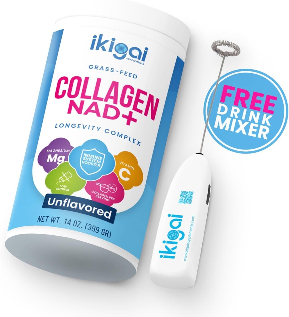 Ikigai Collageen met NAD+ (30 porties) - Non-GMO, Glutenvrij, Paleo, Kosher - Geen smaak, Inclusief Gratis Drink Mixer