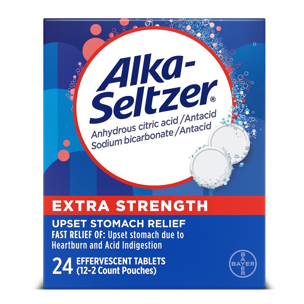Alka-Seltzer Extra sterkte Heartburn Relief Bruisende Antacida tabletten, Snelle Indigestie Relief, 24 Ct