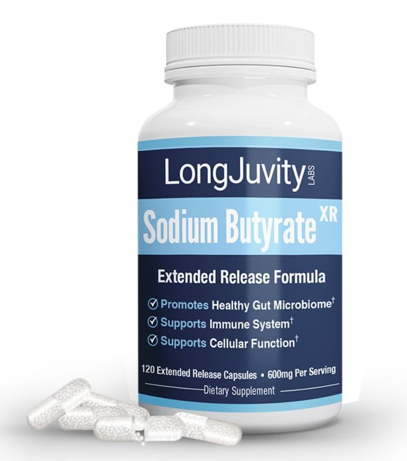 LongJuvity Sodium Butyrate Supplement (300mg) - Optimal Gut Health for Men & Women - Digestion Support & Leaky Gut Repair - Postbiotic Short Chain Fatty Acid, Lab Tested (120 Extended Release Caps)