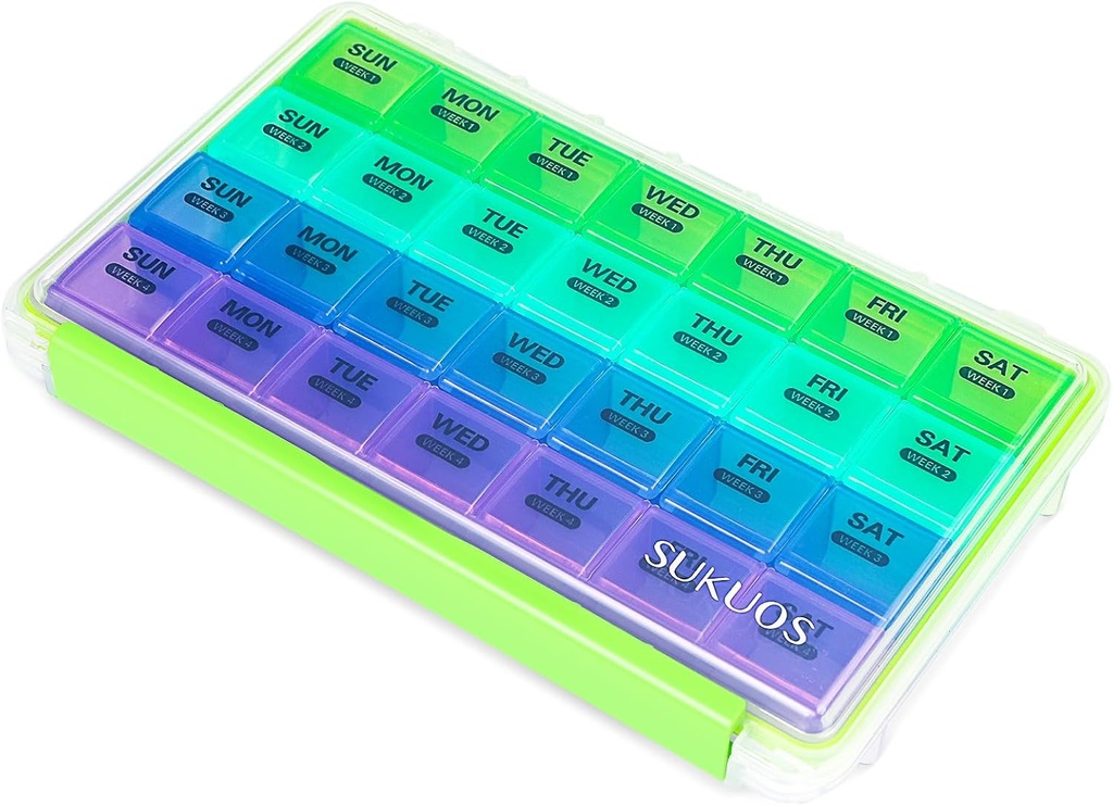 Sukuos maandelijkse pil Organisator 4 week, grote pil doos vocht / stof-Proof koffers voor maand vitamine / vis olie / aanvullingen met duidelijke deksel, gemakkelijk te openen & reinigen