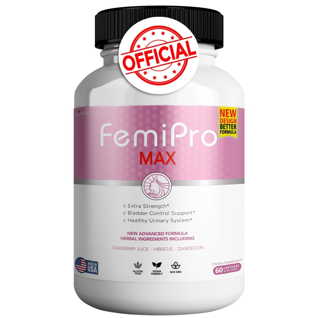 FemiPro MAX Vrouwen Urinaire Ondersteuning Supplement, 60 capsules, Extra sterkte Blaas controle met Cranberry, Hibiscus, Dandelion, Veganistan, Glutenvrij (1)