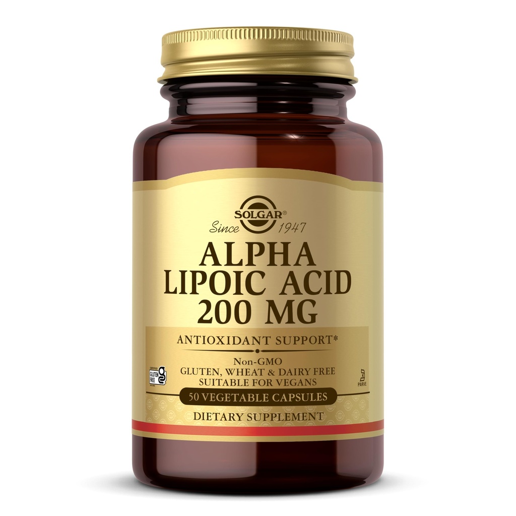 Solgar Alpha Lipoïnezuur 200 mg, 50 plantaardige capsules - Antioxidantondersteuning - Helpt om Glutathion, Vitamine C & E, CoQ-10 - Non-GMO, Veganistisch, Glutenvrij, Zuivelvrij, Kosher - 50 porties