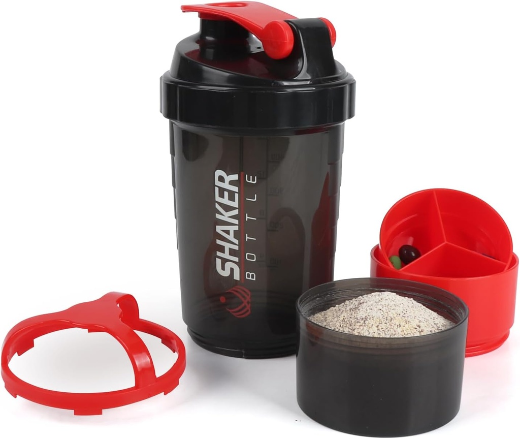 Shaker Bottle,16oz Protein Shaker Bottles with Mixing Ball, 3 in 1 Leak-proof GYM Shake Cup met Poeder Opslag & Pill Tray, Ideaal voor training, BPA Free(Red)