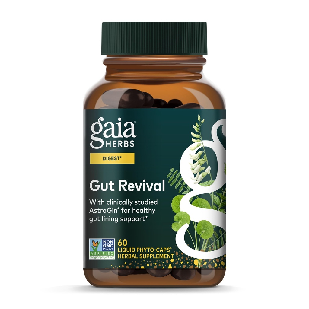 Gaia Kruiden Gut Revival - Kruidenverteringssupplement ter ondersteuning van Gut Health - Made with Astragalus, Gotu Kola, Jujube & More - Free from Dairy, Soy & Gluten - 60 Vegan Capsules (60 Servings)