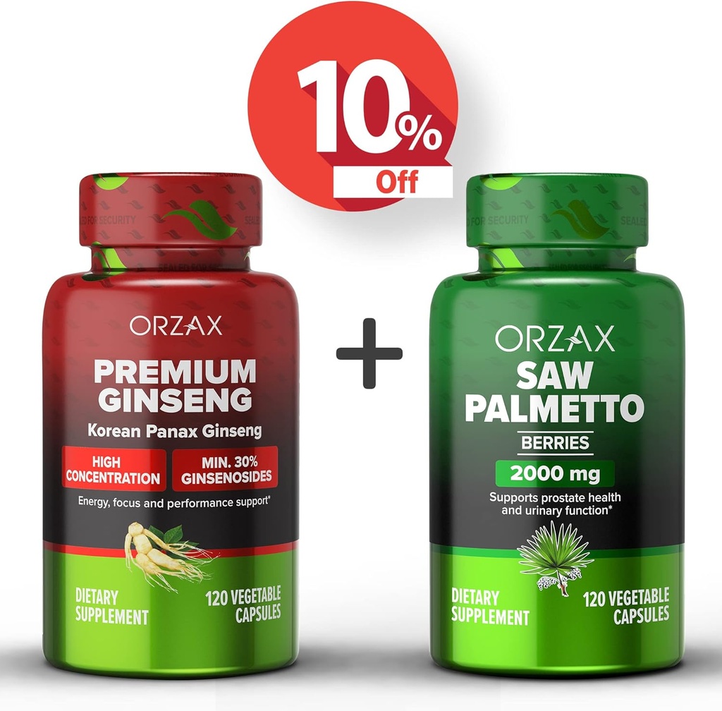ORZAX Ginseng, 30% Ginsenosides 120 Vegatable Capsules en Saw Palmetto 2000 mg 120 Plantaardige Capsules, Bundel
