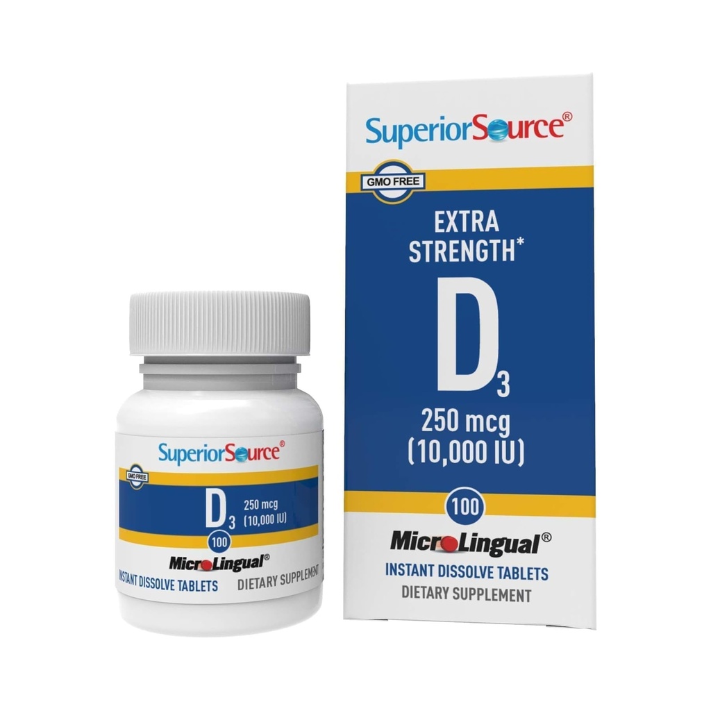 Superior Bron Vitamine D3 10000 IE, Quick Solution MicroLingual Tablets, 100 Tellen, helpt bij het bevorderen van sterke botten en tanden, Immuunondersteuning, helpt bij het handhaven van gezonde spierfunctie, niet-GMO