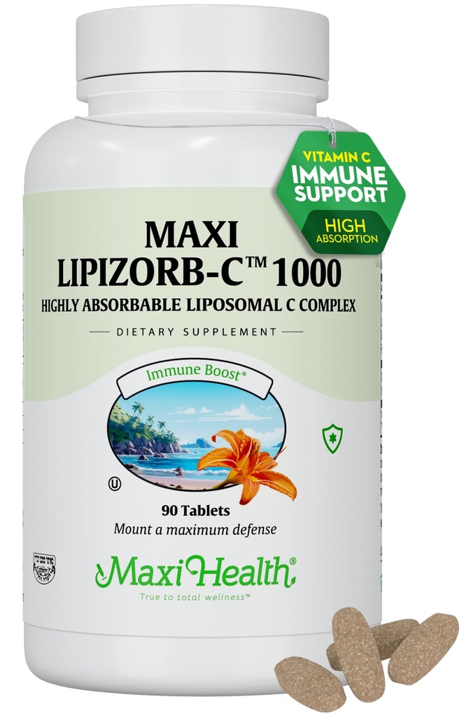 Maxi Health Liposomale Vitamine C 1000mg Tabletten met Digestieve Blend, Zeer Absorbeerbare Hoge Dosis VitamineC, Niet GGO Kosher Vegetarische Arts-Formulated Immune Support Supplement (90 Tel.)