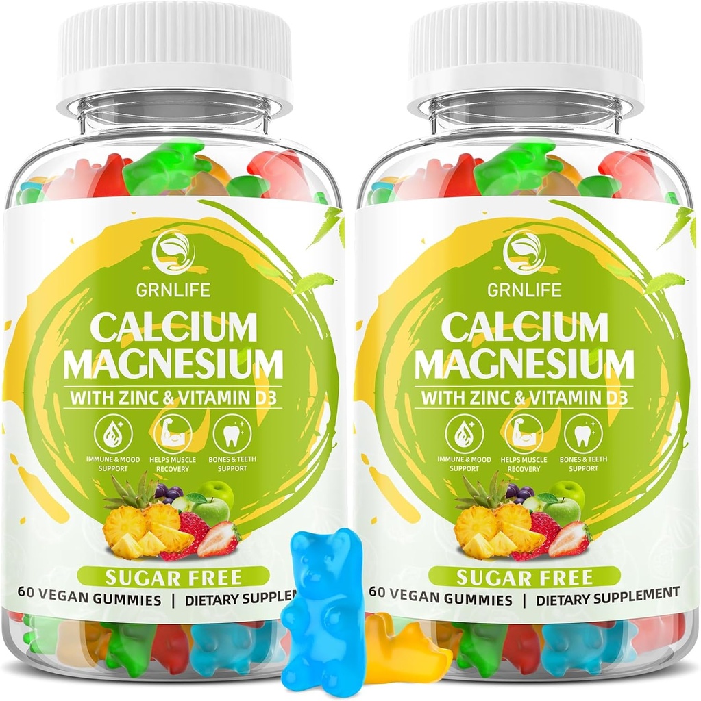 Calcium Magnesium Zink Supplement met Vitamine D3, Suikervrije Calcium Gummies voor Vrouwen Mannen, Hoge Potentie Magnesium Gummies voor Bot & Muscle & Immune Health, Gemengde Smaken - 120 Tel.