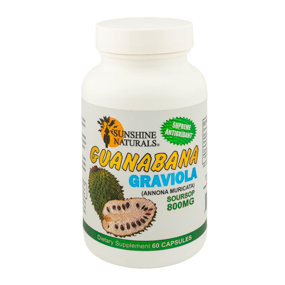 Sunshine Naturals Graviola Supplement. Immuunondersteuning, Digestieve Hulp, Antioxidant Verdediging en Ontgifting. Promoot gezonde spijsvertering, cellulaire gezondheid en algemene welzijn. 60 capsules.