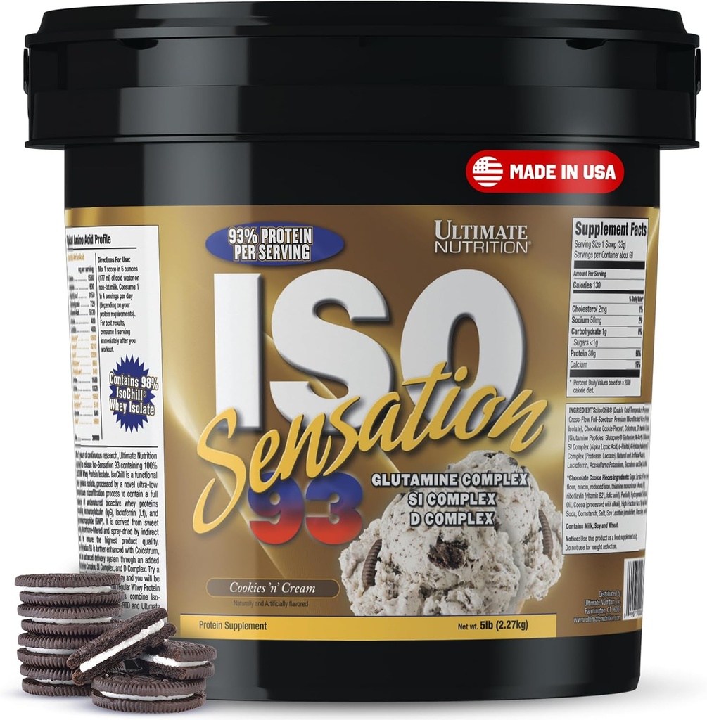 Ultimate Nutrition Wei Protein Isolaat Poeder met Glutamine Complex, ISO Sensation 93 - Wei Proteïne Poeder met Toegevoegd Colostrum voor verbeterd herstel, Immuniteit & Gut Health - Cookies N Cream, 5lbs