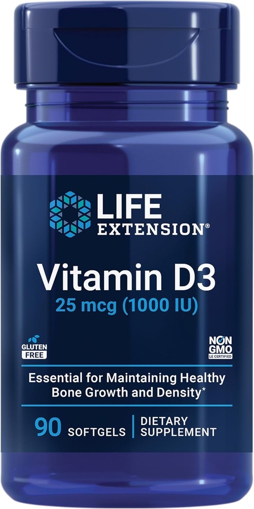 Levensverlenging Vitamine D3 25 mcg (1000 IE), Immuunsysteemondersteuning, Bone Health, Whole-Body Health, Value Size, Glutenvrije, Non-GMO, 90 softgels