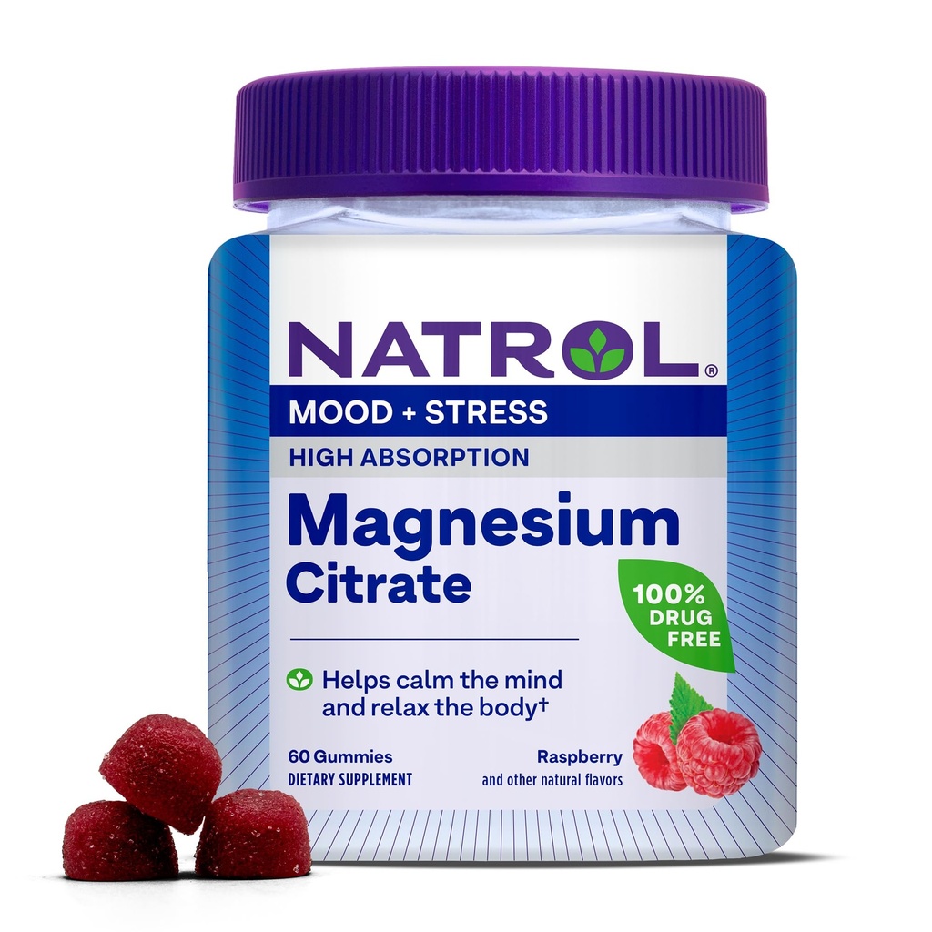 Natrol Magnesium Citrate, Hoge Absorptie Magnesium Supplement voor Mood en Stress, helpt de geest te kalmeren en te ontspannen Het lichaam, 60 Raspberry-gearomatiseerde Gummies, Tot een levering van 30 dagen