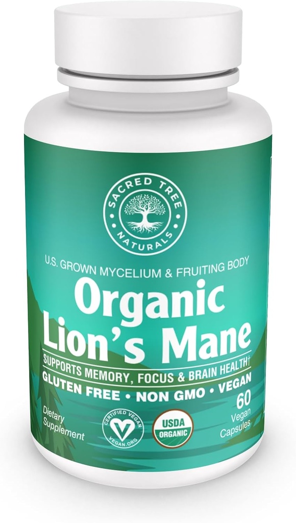 Biologische Lion's Mane Paddestoel Capsules - 1000mg Hoge Potentie - Brain Boost, Focus & Immune Support - Non-GMO, Veganist, 60 Tel.