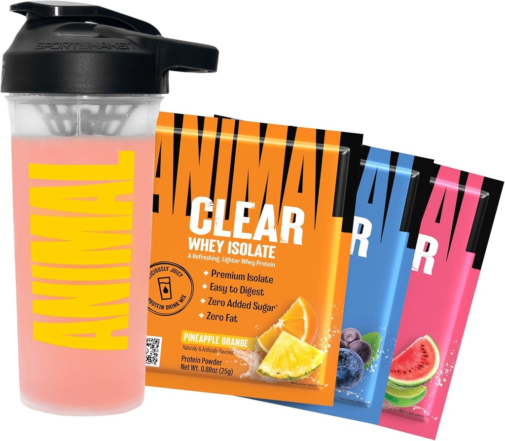 Animal Clear Whey Protein Isolate Sampler Pack & Shaker Bottle - Heerlijk sappig 20g Proteïne, Watermeloen Limeade, Blueberry Acai, Ananas Orange, 3 Single-Serving Packets