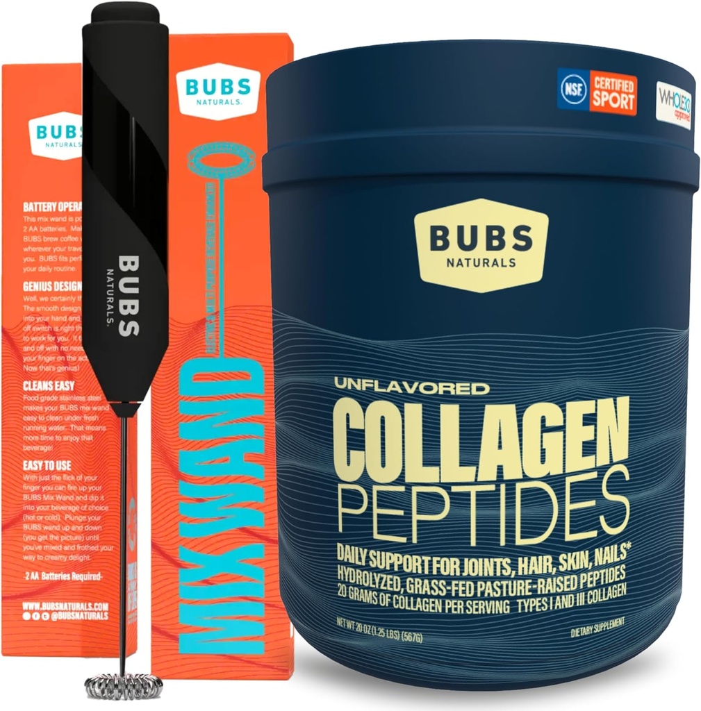 BUBS Naturals Collageen Peptides Powder & Mixing Wand Bundle, Collageen for Women & Men, Hydrolyzed Peptides, Unflavored Pasture Raised Grass Fed, Keto Friendly, 20 oz Collageen Tub (28 Servings) +1 Wand