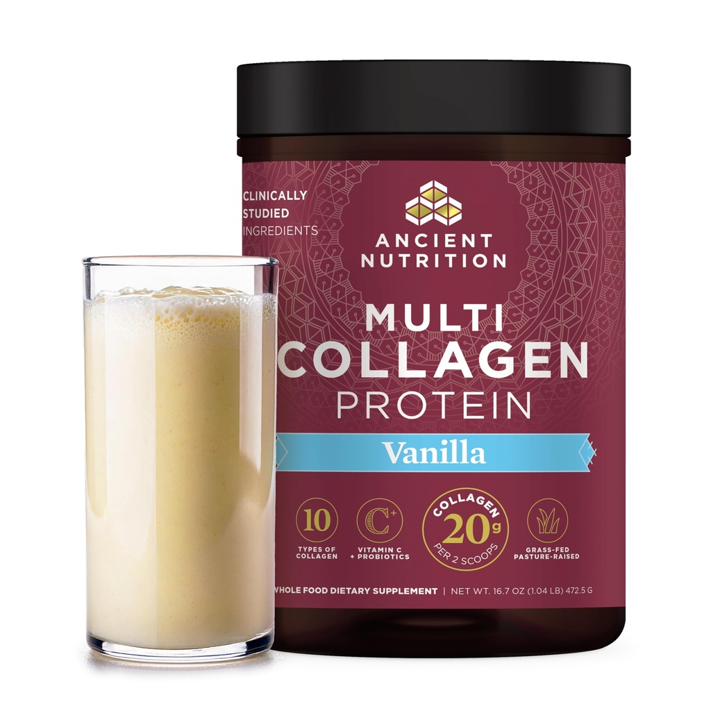 Ancient Nutrition Collagen Peptides Powder, Multi Collagen Protein, Women & Men, Vitamin C, Probiotics, Hydrolyzed Collagen, Supports Skin, Joints, Gut Health, Vanilla, 45 Servings