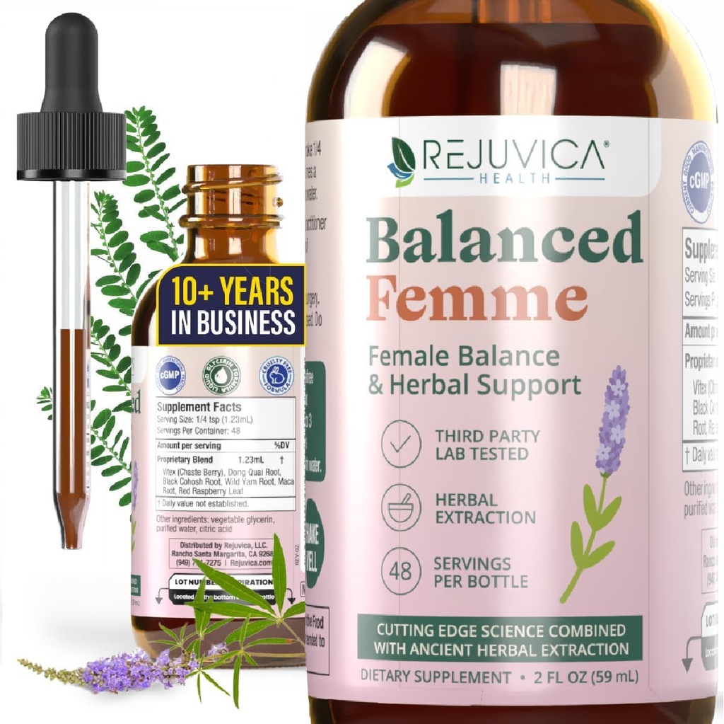 Rejuvica Health Balanced Femme - Advanced Female Balance Support Supplement - vloeibare levering voor betere absorptie - Vitex, Dong Quai, Black Cohosh, Maca Wild Yam & Meer!