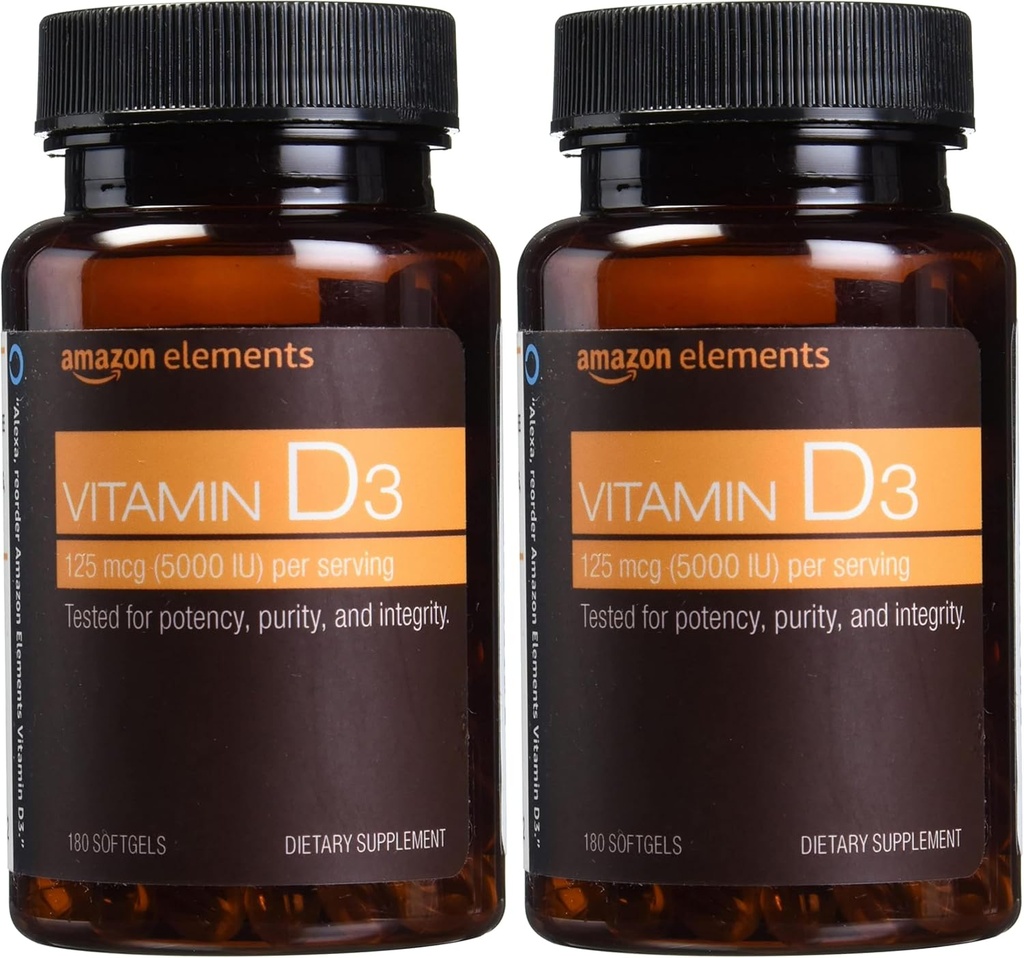 Elementen Vitamine D3, 5000 IE, 180 Softgels, 6 maanden levering (Verpakking mei Vary), Ondersteunt sterke botten en immuungezondheid (pakket van 2)