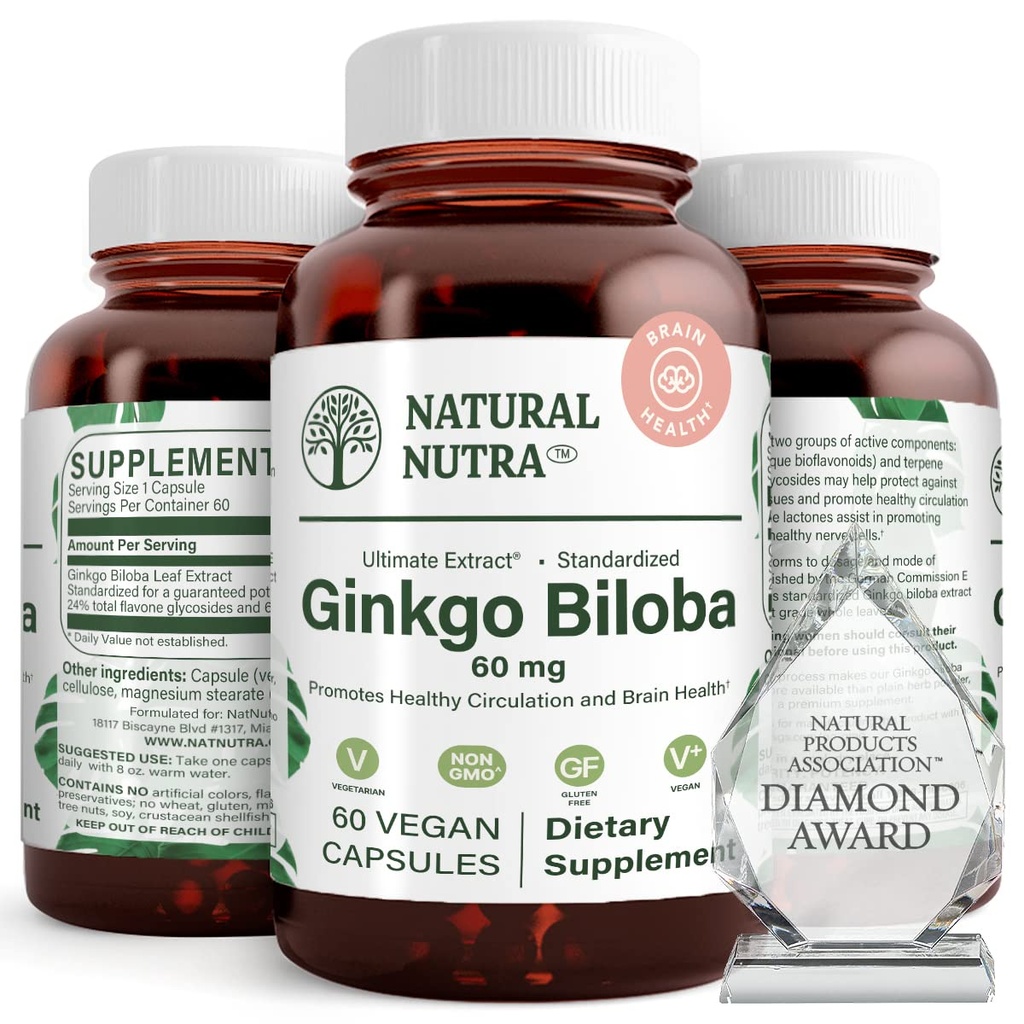Natuurlijke Nutra Ginkgo Biloba, verbetert Circulatie naar het brein en verhoogt het geheugen, verhoogt de zuurstofstroom, en verbetert de hersenfunctie, ondersteuning zenuwgezondheid, veganistische en glutenvrij, (60) Capsules