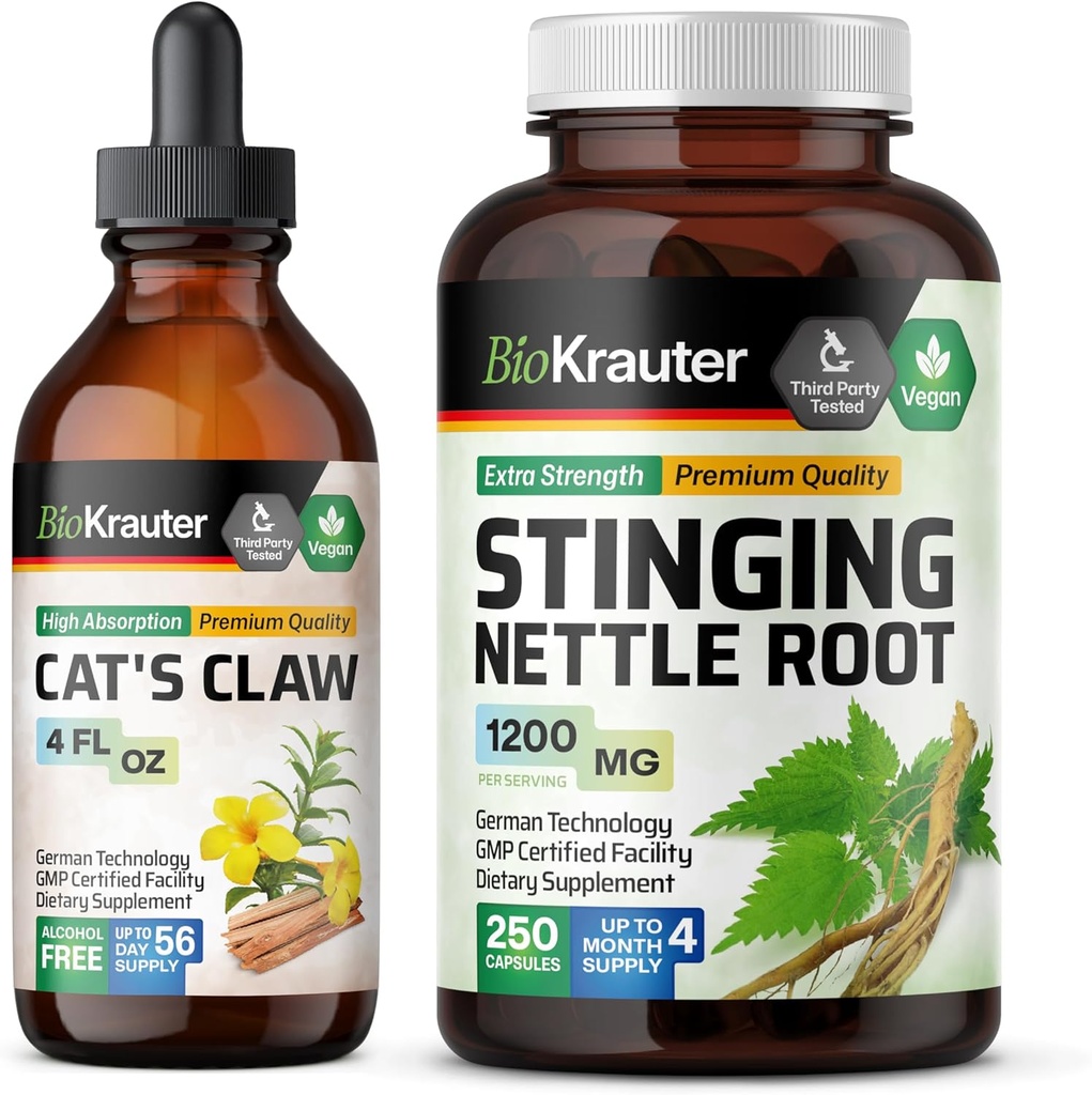 BIO KRAUTER Kattenklauw Tinctuur 4 Fl. Oz. & Stingnetel 250 Capsules