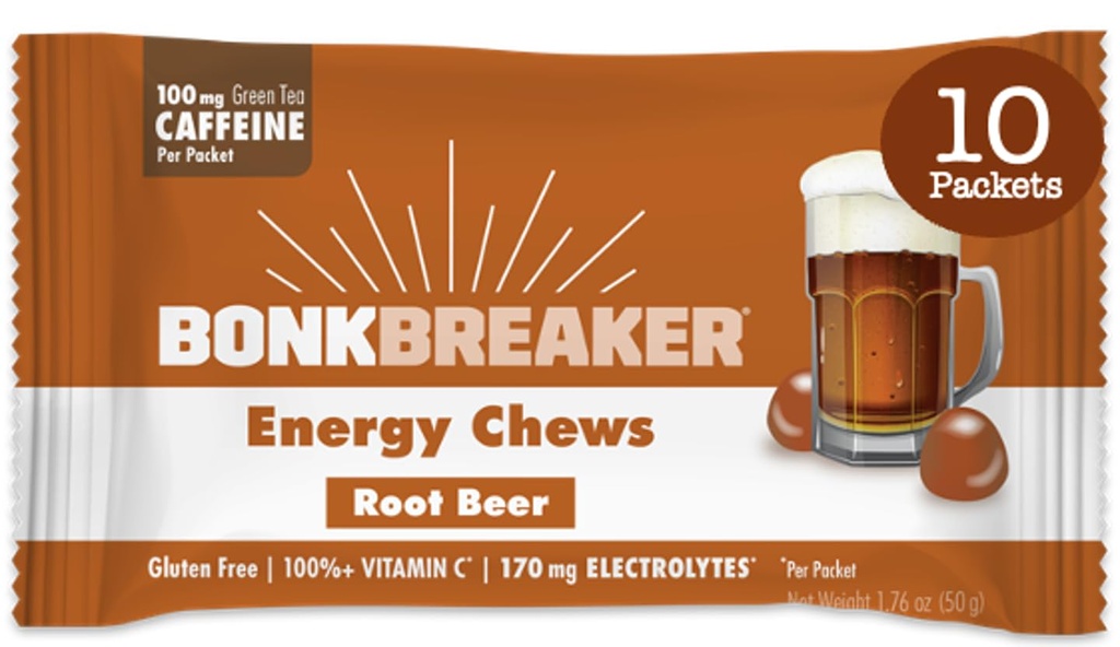 Bonk Breaker Energy Chews, Dairy-Free, Gluten-Free Ingredients to Provide Quick Energy and Focus, 1 Box of 10 Packets, Root Beer