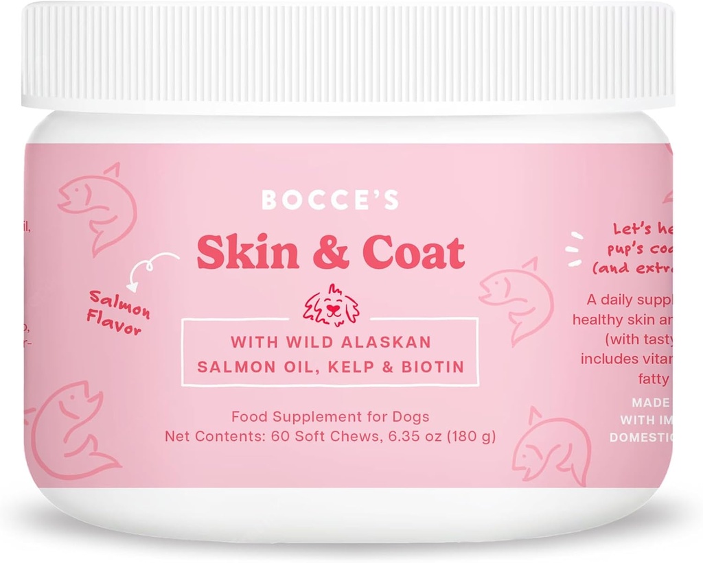 Bocce's Bakkerij Skin & Coat Supplement voor honden, Dagelijkse Kauwen Made in The USA met vitamine E & essentiële vetzuren, Ondersteunt gezonde huid & Coat, Zalm, 60 kt, Rood (DG-SP-SKIN60)