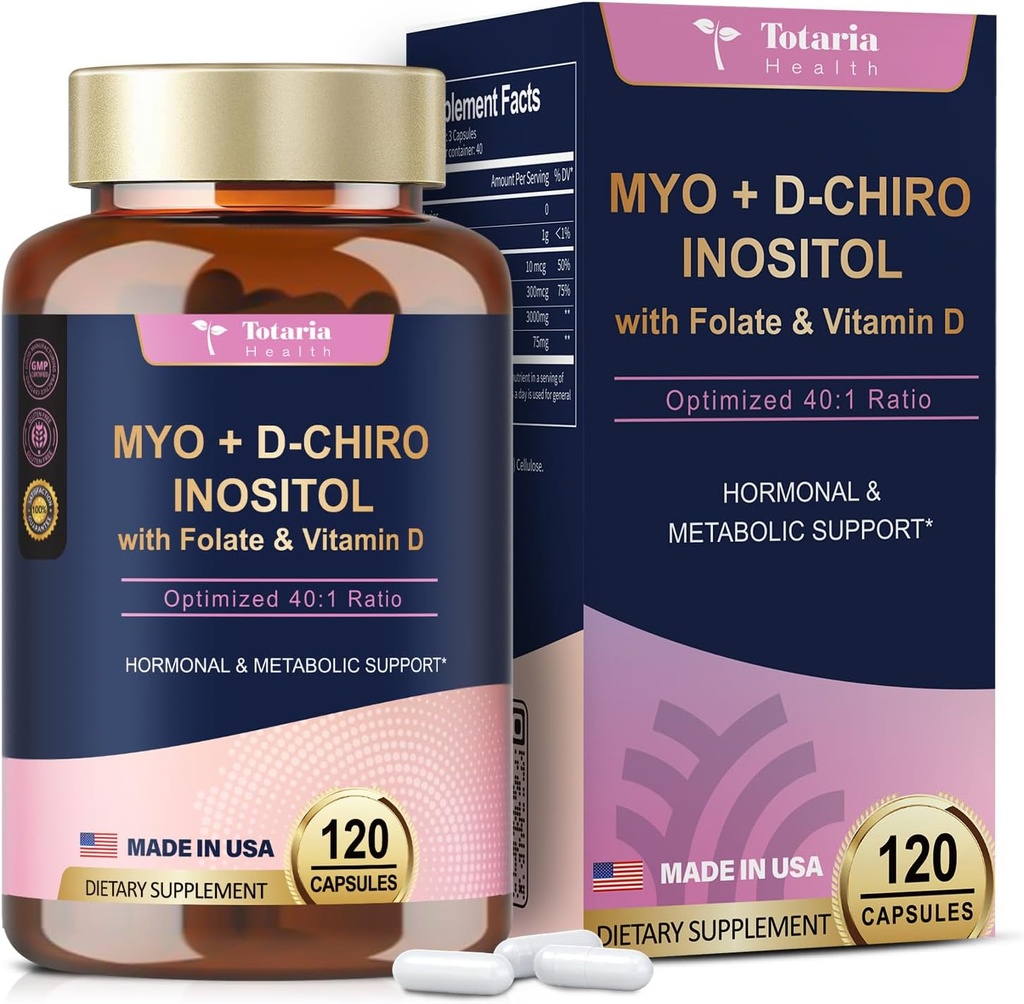 Totaria Inositol Supplement - 3075mg Myo-Inositol & D-Chiro Inositol Capules Plus Vitamine D3, Folate, Ideaal 40:1 Ratio - Hormonale balans voor vrouwen & Ovarian* Ondersteuning Veganistisch, niet GGO - 120 Caps