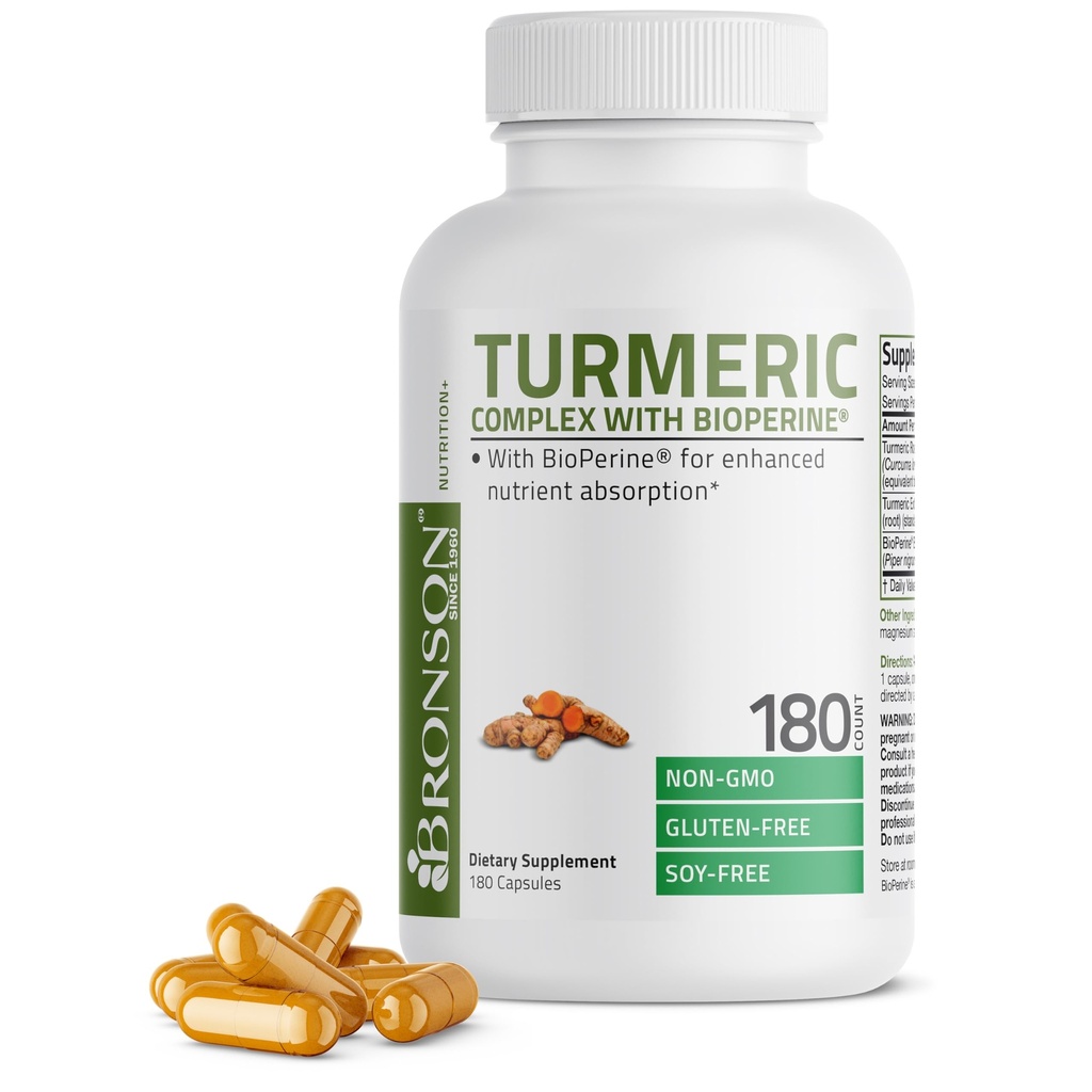 Bronson Kurkuma Curcumin met BioPerine - High Potency Premium Joint Support met 95% gestandaardiseerde Curcuminoïden - Non-GMO Capsules met Black Pepper - 180 Tellen