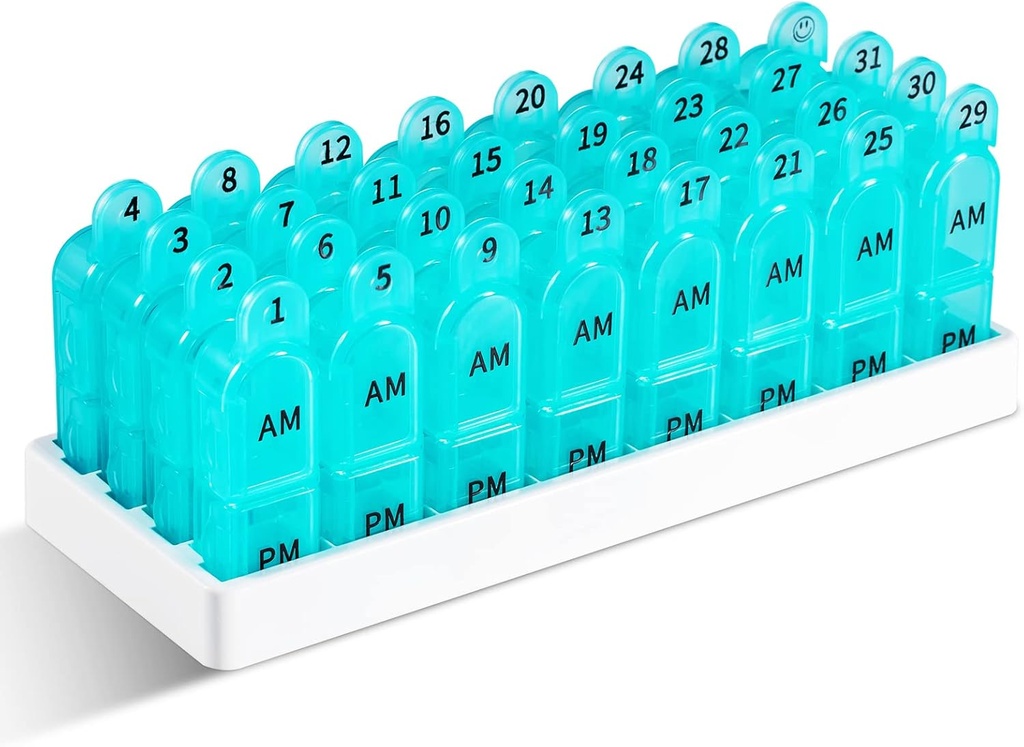 Daviky maandelijkse pil Organizer 2 keer per dag, 30 dagen pil doos AM PM met aparte container, één maand medicijn geval Twee keer per dag te houden vitamines, supplementen en medicatie (Cyaan)