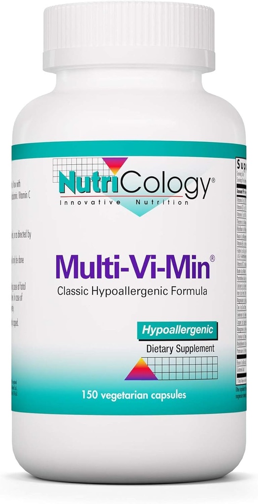 Nutricology Multi-Vi-Min Supplement - Multivitamine voor mannen en vrouwen, met ijzer, dagelijkse vitamines, voor volwassenen, hoge potentie, Bio beschikbaar, Vegetarische Capsules - 150 Tellen