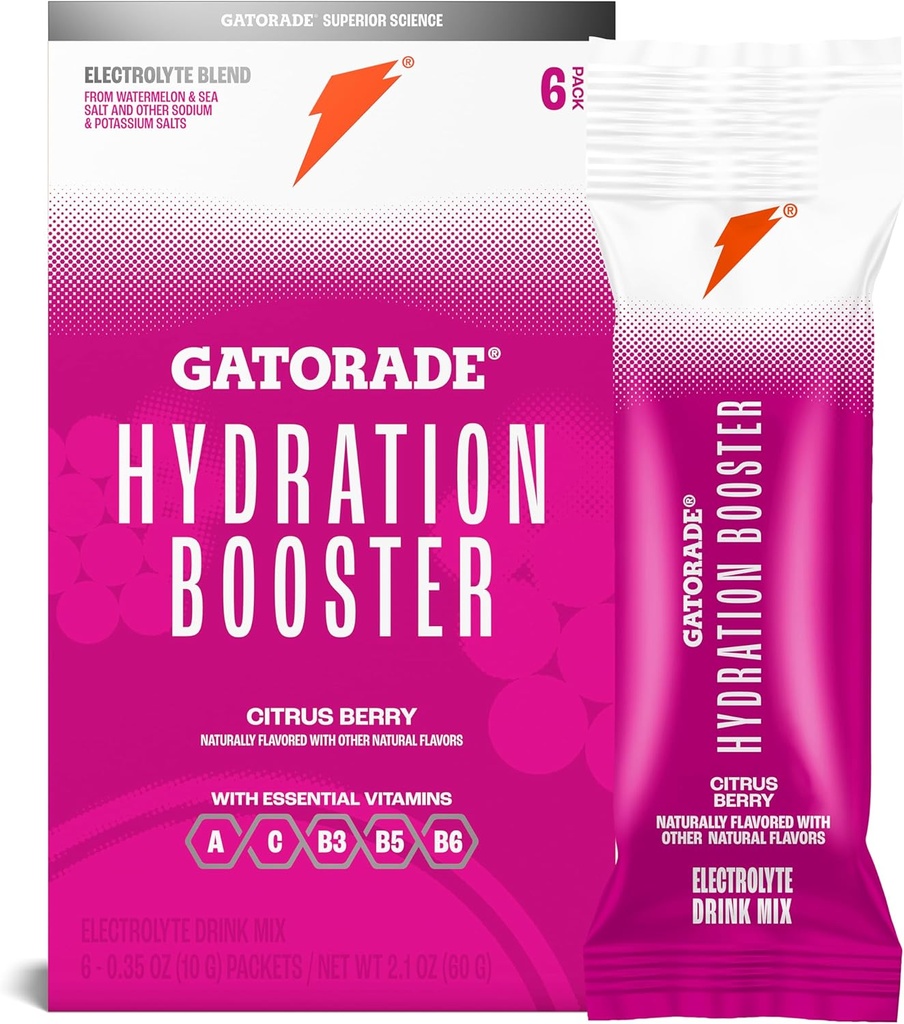 Gatorade Hydration Booster Electrolyte Drink Mix Powder Packets, Citrus Berry, Advanced Electrolyte Blend, No Added Colors, No Artificial Sweeteners, Essential Vitamins A, C, B3, B5, B6, Makes 20 Fl Oz, (6 Pack)