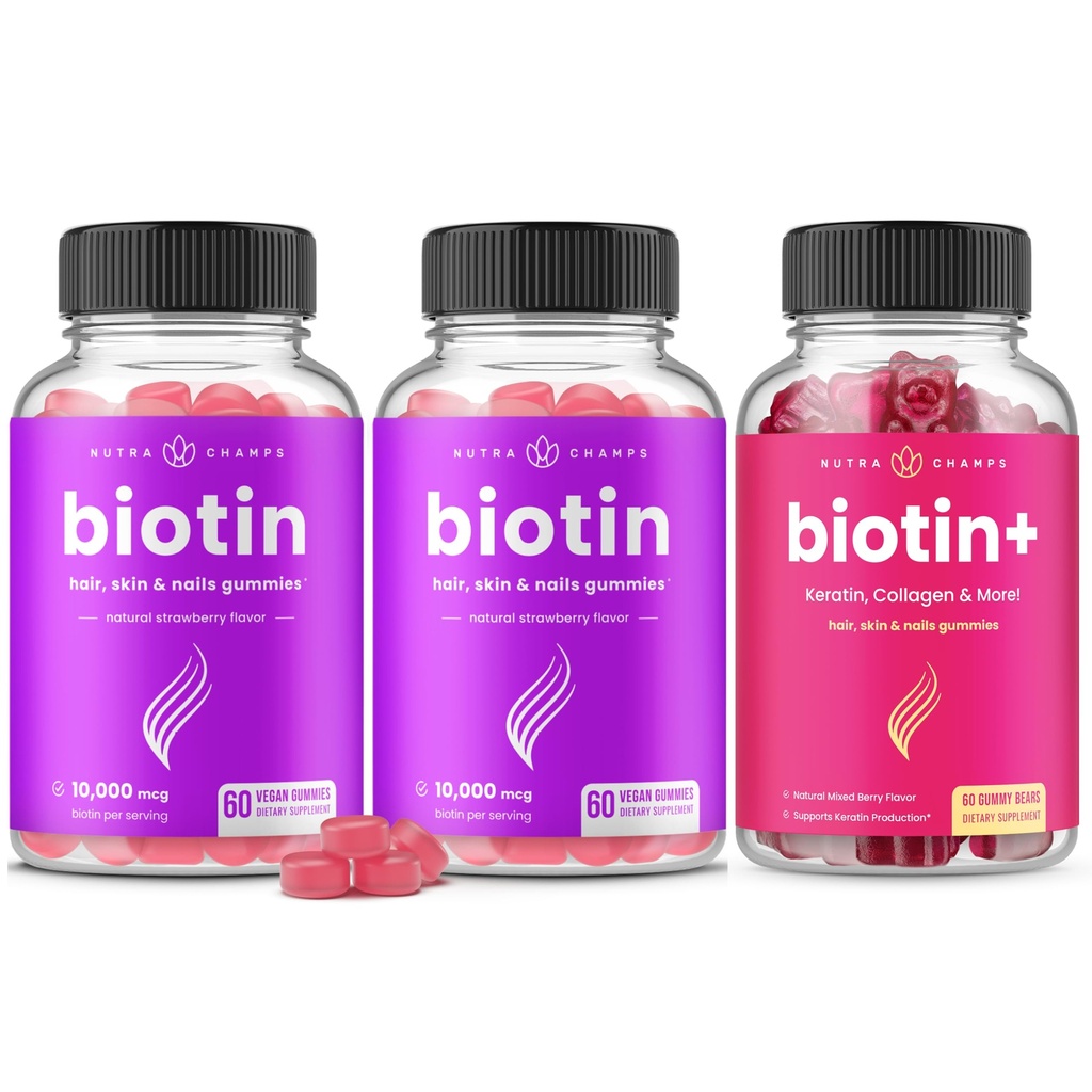 NutraChamps Complete Biotin Bundle voor haar, huid en nagels. Verpakking Biotine & Biotine+