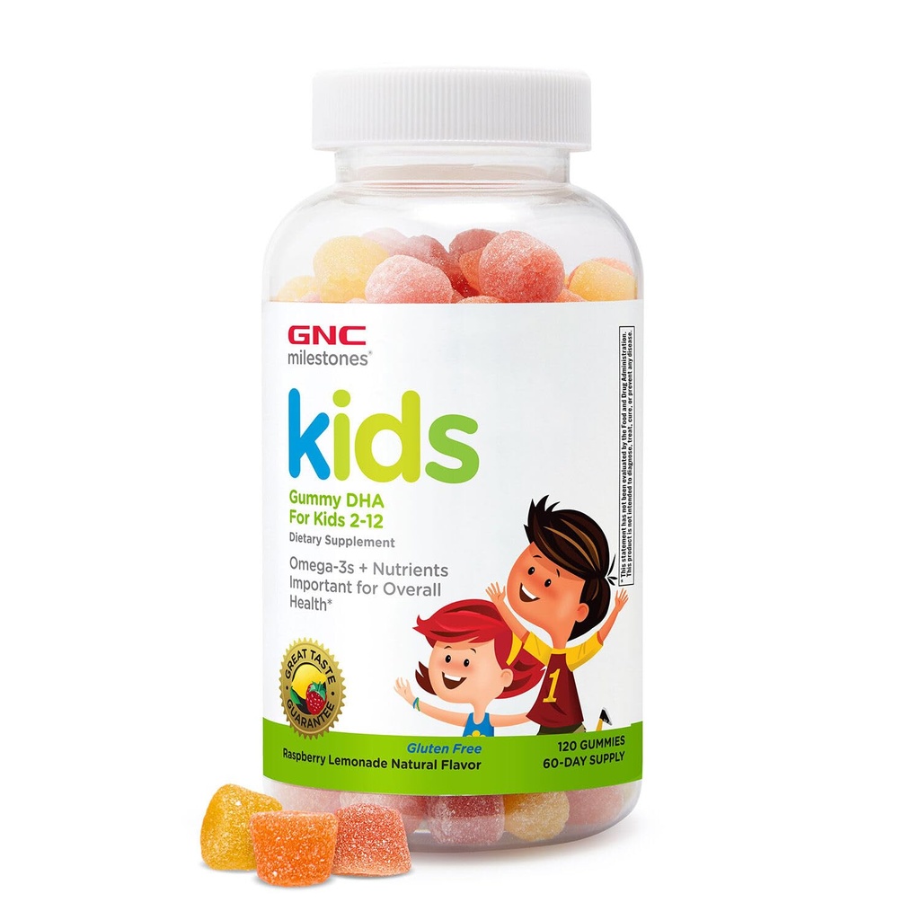 GNC Milestones Kids DHA Gummies, Kids Ages 2-12, Omega-3s, Eye and Brain Function & Development, Vitamine A & D, gezonde tanden & Bones, Glutenvrij, Geen kunstmatige smaken, Raspberry Lemon, 120 Gummies