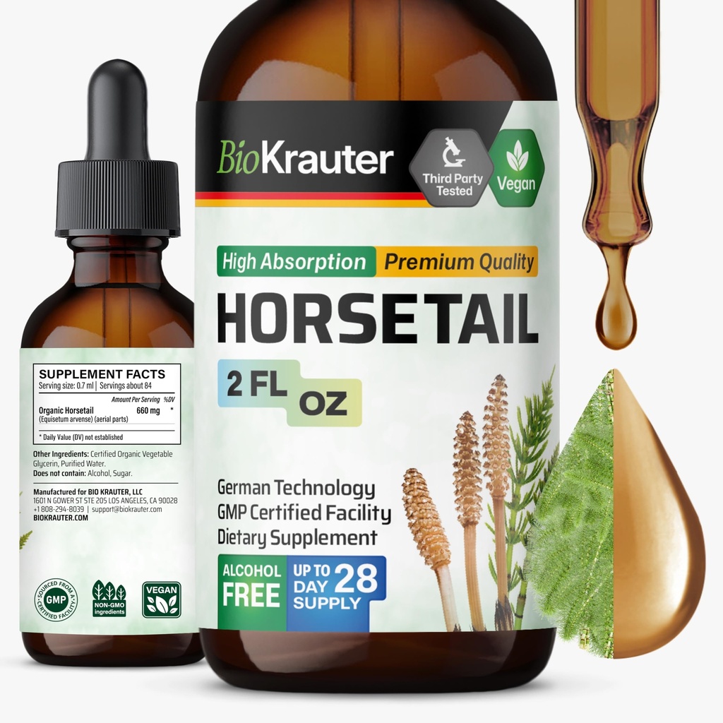 BIO KRAUTER® Horsetail Supplement for Hair, Skin & Nails - Vegan & Pure Horsetail Herb Liquid Drops 660 mg per Serving 2 Fl.Oz. - Silica Hair Supplement - Alcohol & Sugar Free - 28 Days of Supply