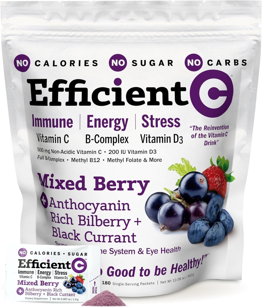 ANDREW LESSMAN Efficient C Mixed Berry 90 Packets - Immune, Energy, Stress and Eye Health Support. Reinvention of The Vitamin C Drink. No Calories. No Sugar. No Carbs. Easy to Mix.