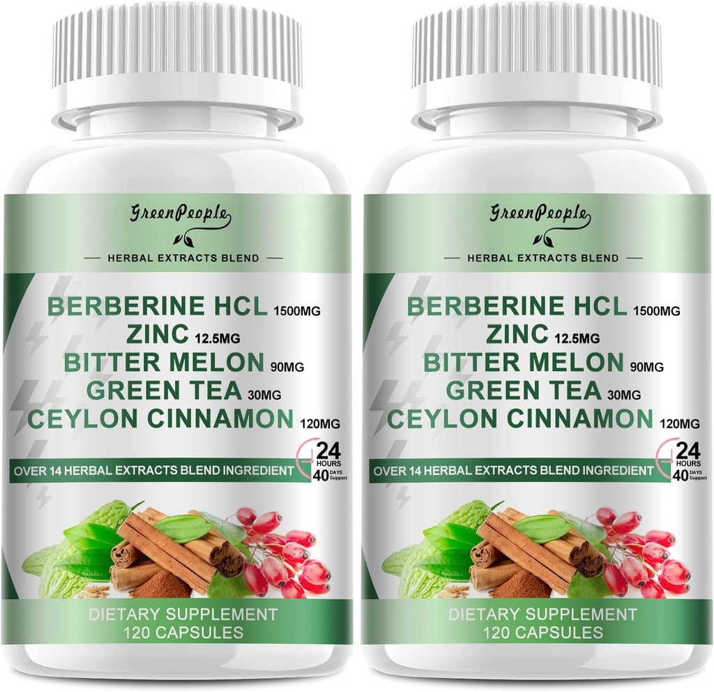 GREENPEOPLE Berberine Supplement met Ceylon Cinnamon - 120 Graaf Berberine 1500mg Berberine HCL Capsules met Bitter Melon/Artichoke Extracten & Natural Herbs for Immune Support 2 Pack