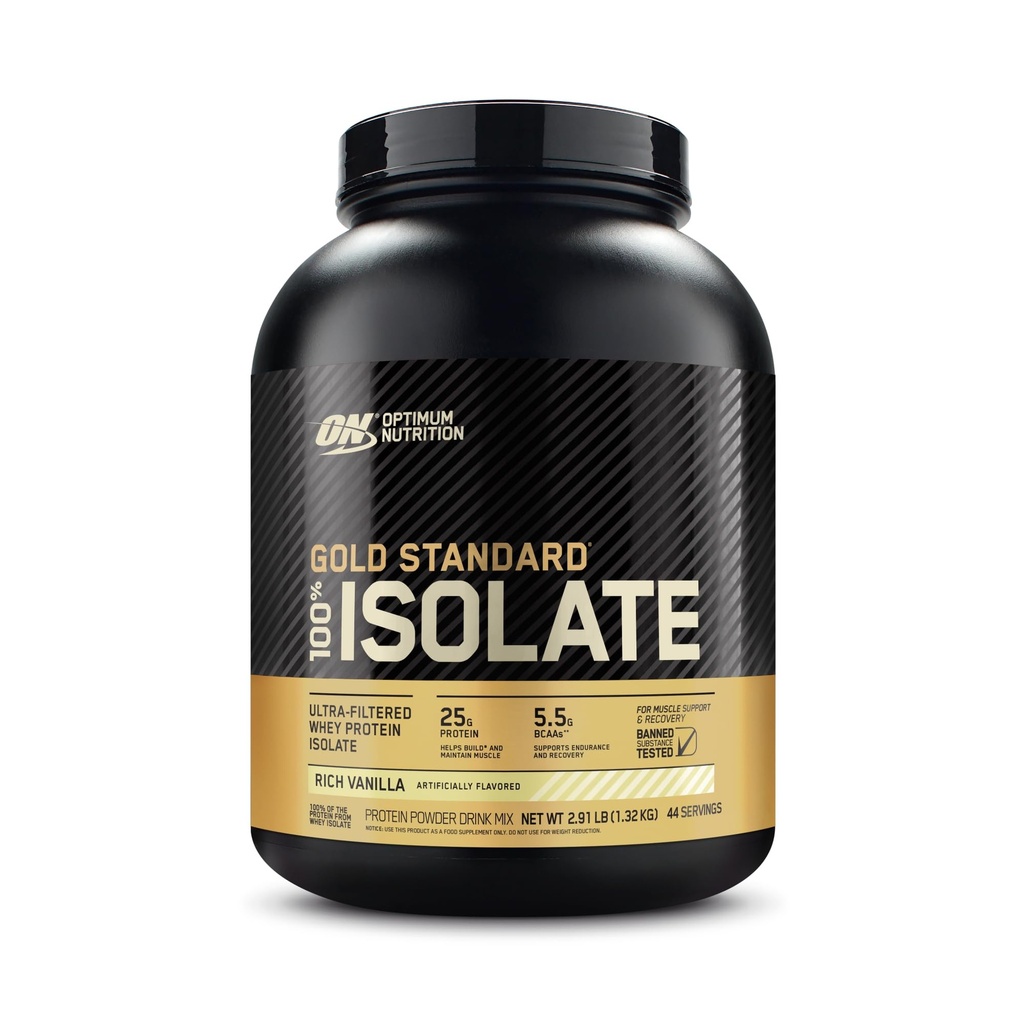 Optimale voeding Gold Standard 100% isolaat, proteïnepoeder, rijke Vanille, 2,91 pond, 44 porties. Wei eiwitisolaat (Verpakking mei vary)