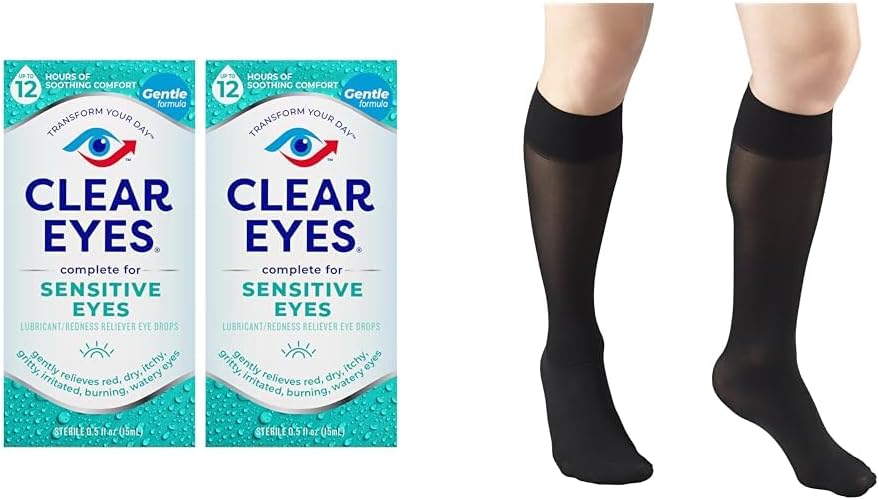 Clear Eyes Gevoelige oogdruppels 2 Pack & Truform Sheer Compressie Stockings Vrouwen knie High 20 Denier Black Medium