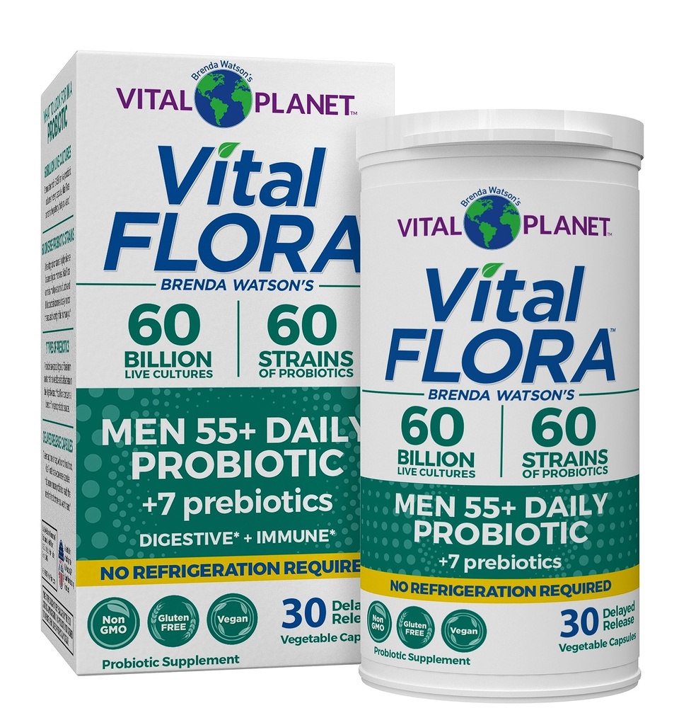 Vitale Planeet - Vitale Flora Mannen Meer dan 55 Dagelijkse Probiotica, 60 miljard CFU, Diverse Strains, Biologische Prebiotica, Immune Support, Digestieve Health Plank Stabiele Probiotica voor mannen, 30 Capsules