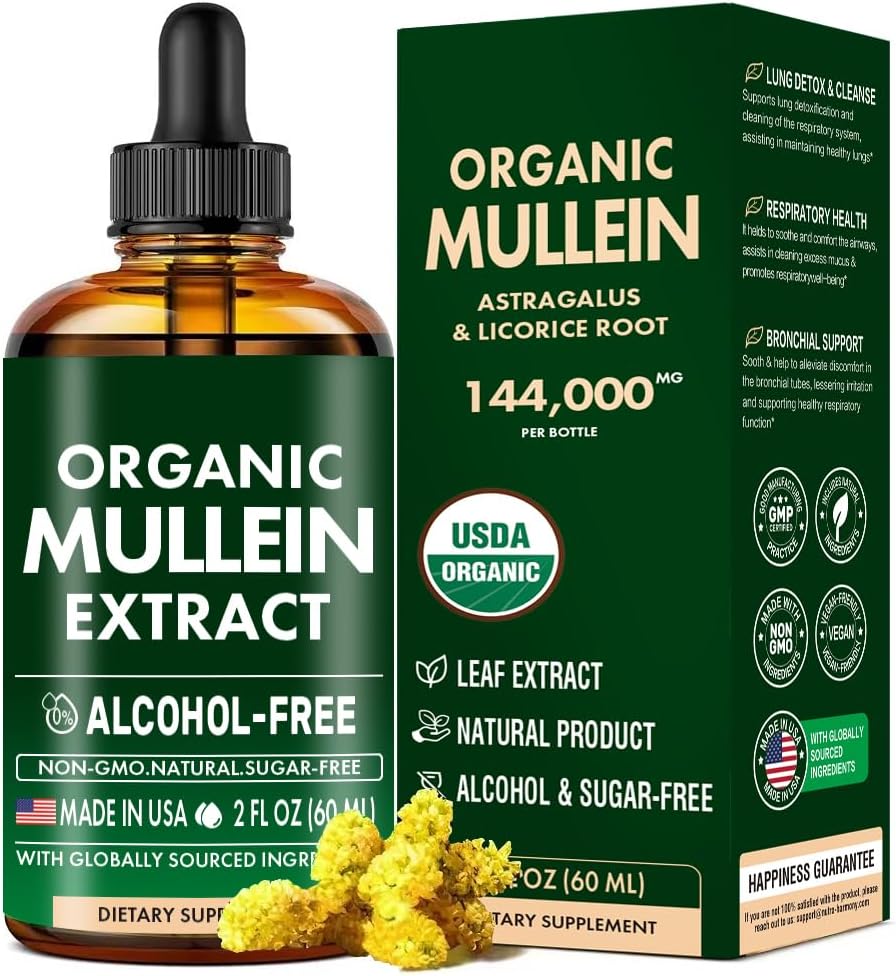 Mullein Drops for Lungs, Mullein Leaf & Licorice Extract Support Lung Cleanse & Healthy Breathing, Organic Mullein Leaf Tincture Herbal Supplement, No Additives Mullein Extract Drops 2 fl Oz 60Ml